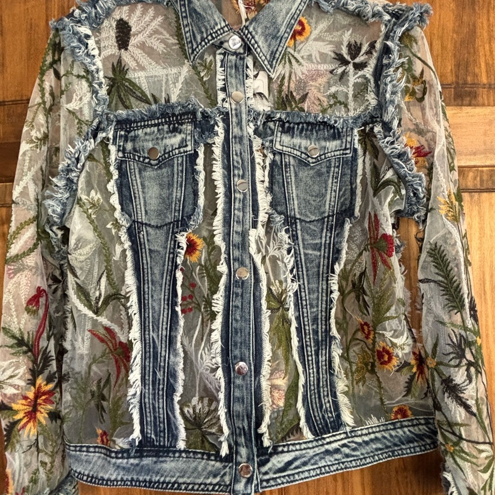 Adore Jean Jacket With Sheer Floral Embroidery